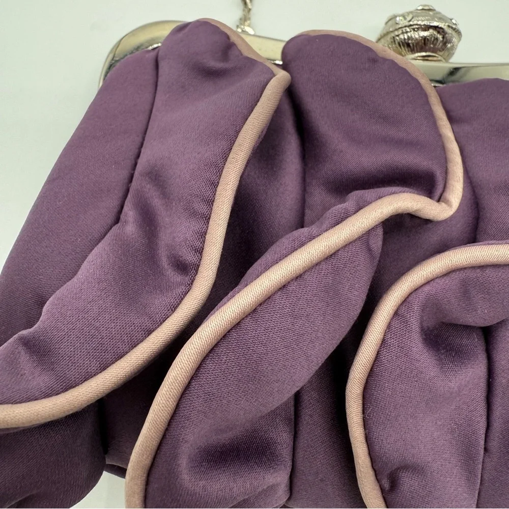 Dollhouse Satin Ruffled Front Jeweled Kiss-Lock Purple Handbag ClutchFormal Prom